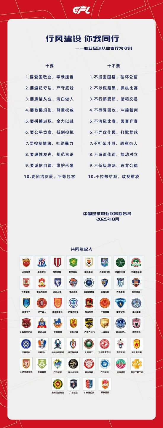 中足聯聯合俱樂部發(fā)布“十要十不要”從業(yè)者行為守則